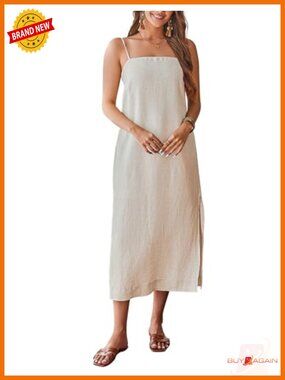 100% Linen Sleeveless Square Neck Midi Dress with Slit Relaxed Fit